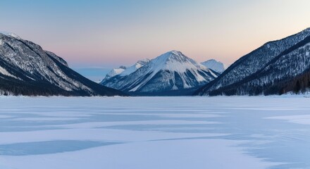 Obraz premium Snow-covered mountains with frozen lake at sunrise in serene winter landscape