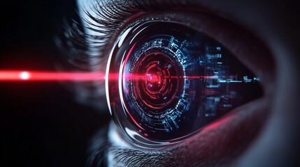 Futuristic digital eye with mesmerizing red and blue lights depicting advanced technology and vision