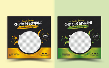 Food social media banner design template. Biryani Kebabs social media post vector illustration. Square size. Super delicious food menu Instagram Ads promotional design Web banner template with mockup