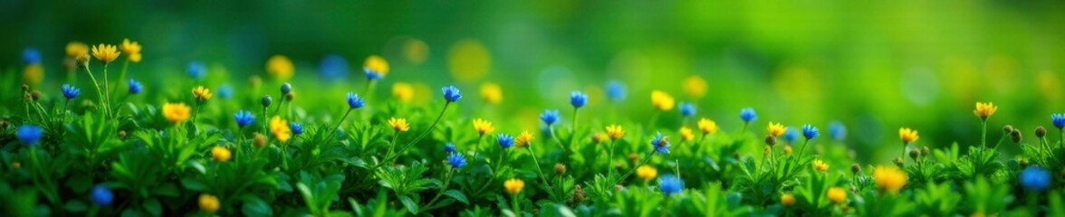 Obraz premium Grass-like plant with tiny cyanthillium cinereum flowers in hues of blue and yellow amidst green foliage, greenery, yellow, blue