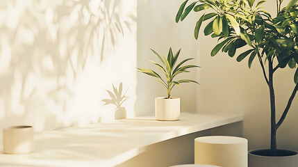 Sunlight illuminates plants on a minimalist shelf.