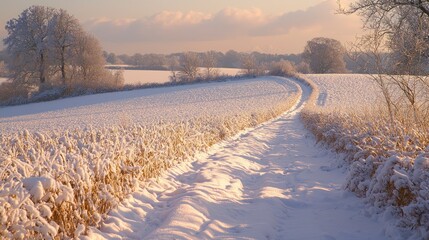 Snowy winter path, rural field, sunset, tranquility