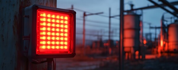 A close-up of a bright red warning light in an industrial setting, illuminated against a twilight backdrop. The light signals caution, indicating potential hazards in the area.