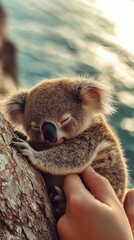 Fototapeta premium A cute koala cuddles close to a tree branch, blissfully asleep, conveying a sense of peace and tranquility in nature's serene environment by the water.
