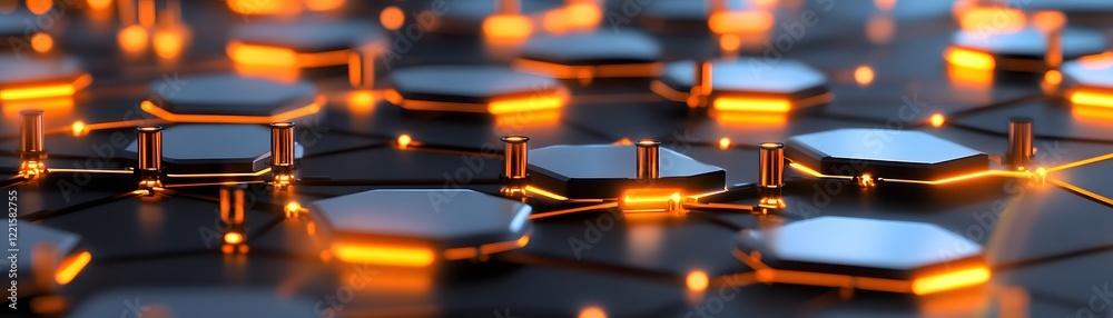 Poster a close-up view of intricate hexagonal patterns illuminated with vibrant orange lights against a dar