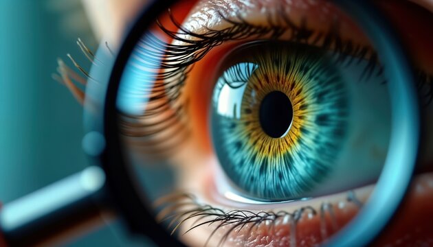 Closeup view of human eye examined by magnifying glass. Detailed iris patterns, vibrant colors highlighted under magnification. Eye care concept for optometry ophthalmology clinics. Future tech in