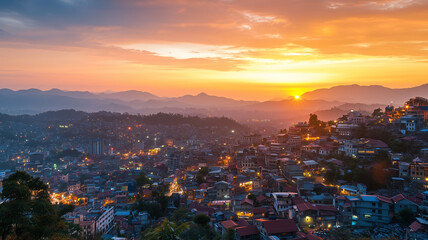 Obraz premium Vibrant Cityscape Sunset Over Rolling Hills