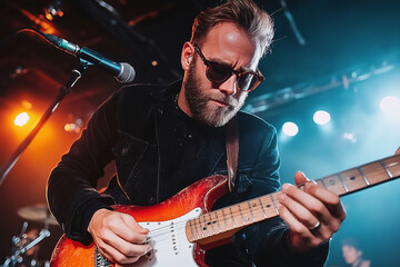 Obraz premium Talented Guitarist Performing on Stage: A Captivating Live Music Concert Experience