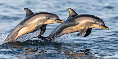 Fototapeta premium A pair of dolphins leaping joyfully out of the water at sunrise, their sleek forms creating perfect arcs