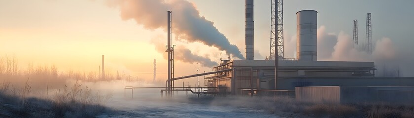 A panoramic view of a factory during sunrise, emitting smoke and vapor into the atmosphere. The industrial landscape showcases the impact of manufacturing on the environment.