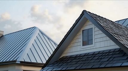 Splitscreen comparison of a modern Florida roof closeup on the roof left half with a sleek metal roof right half with traditional asphalt shingle roof Photorealistic