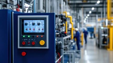 Industrial Control Panel with Digital Display in Modern Manufacturing Facility Interior