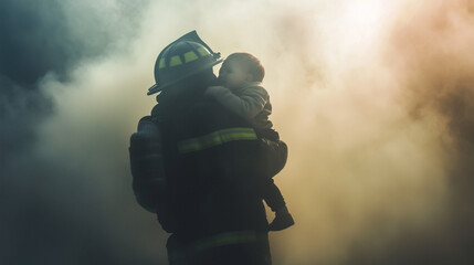Fototapeta premium A firefighter carrying a rescued child out of a smoky building, dramatic light filtering through the haze