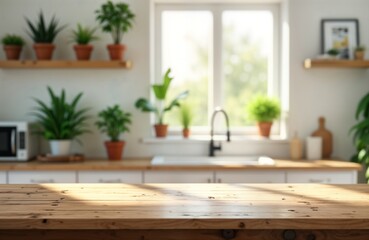 Rustic wooden countertop in bright modern kitchen. Plants, white walls create warm interior display. Sunlight streams onto surface. Empty countertop ready for product placement. Ideal for home decor