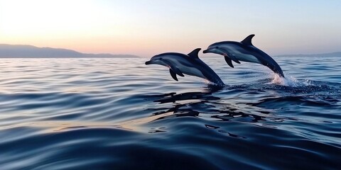 Naklejka premium A pair of dolphins leaping joyfully out of the water at sunrise, their sleek forms creating perfect arcs