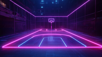 Obraz premium Futuristic Neon Basketball Court at Night