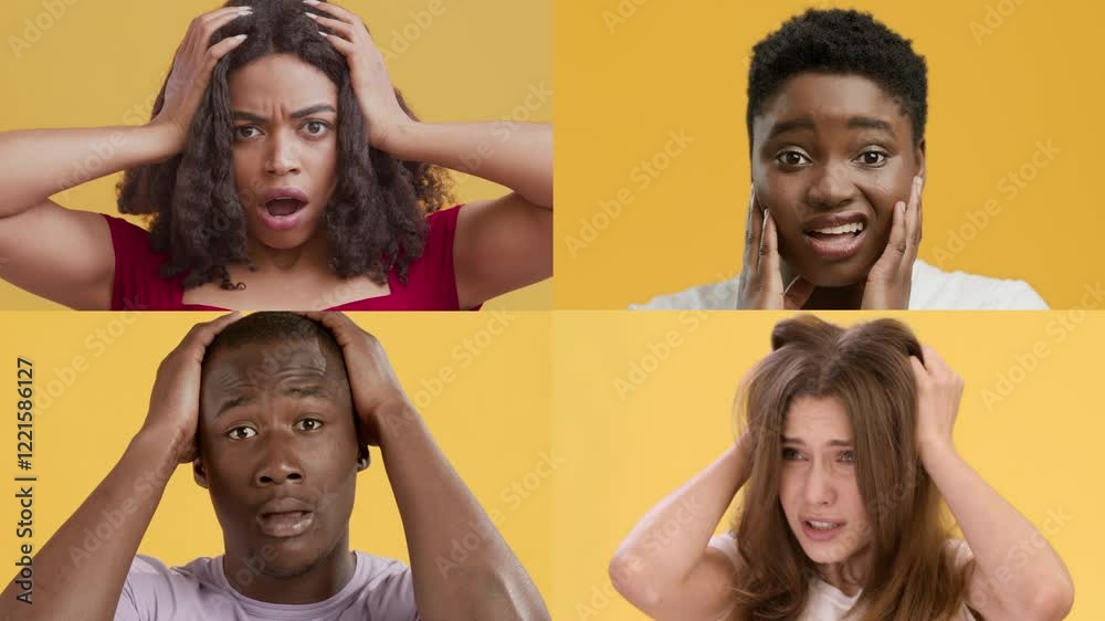 Poster A collage features diverse individuals displaying shock and disbelief through their gestures and expressions against a bright yellow background.