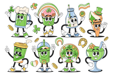 Obraz premium Happy saint Patrick day drinks and food festive elements in green irish cartoon style isolated set