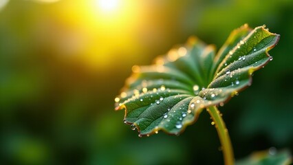 Macro photography of green leaf with dew drops in sunlight	