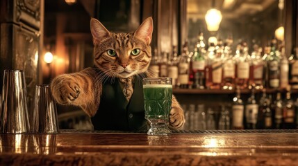 An adorable and whimsical cat bartender serves drinks at a cozy bar, showcasing a playful blend of humor and charm that captures the essence of a fun nightlife experience.