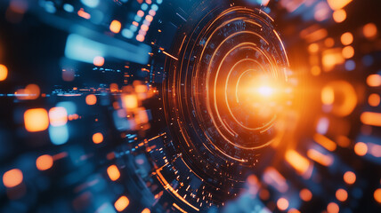 Obraz premium Abstract Digital Data Network Tunnel With Bright Glowing Orange and Blue Particles