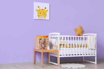 Stylish interior of children's room with comfortable bed and toys