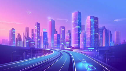 Obraz premium Futuristic City Skyline at Night with a Glowing Highway