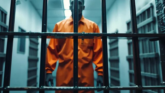 An inmate stands in a narrow prison hallway, wearing an orange jumpsuit. The strong metal bars cast shadows while bright lights illuminate the gloomy surroundings, hinting at confinement.
