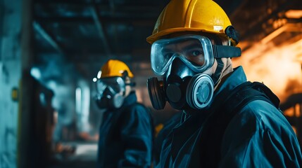 Two workers in protective gear, including helmets and gas masks, surveying a dimly-lit industrial site. They are prepared for safety in a potentially hazardous environment.