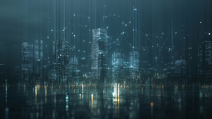 Fototapeta premium Futuristic Cityscape at Night with Glowing Lights and Digital Network Connections