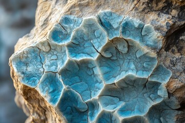 Close-up of a fractured rock surface displaying a unique blue and beige pattern.