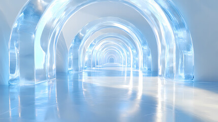 Naklejka premium Crystal-clear ice hallway with glowing arches and reflective floors, cold and sleek design, perfect for futuristic architecture, fantasy realms, or sci-fi settings. Luminous Arch. Illustration