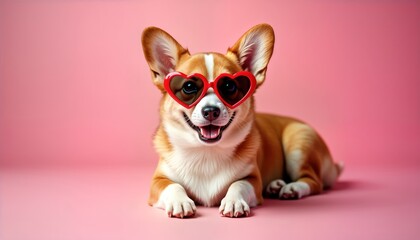 Adorable corgi puppy wearing red heart-shaped glasses. Pet poses playfully on pink studio backdrop. Cute animal concept for Valentine Day greeting cards. Perfect for love, romance themed images. Fun,