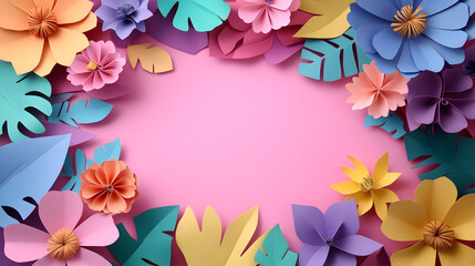 Fototapeta premium Colorful paper flowers arranged on a pink background creating a vibrant and cheerful decoration