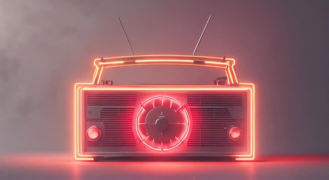 Neon stereo radio on concrete background Radio music Concept 4K