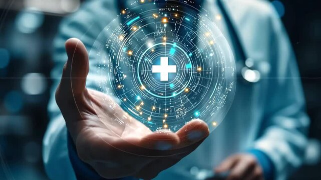 A medical professional demonstrates advanced technology in healthcare by presenting a glowing digital health symbol. The environment highlights a modern and innovative approach to medicine.
