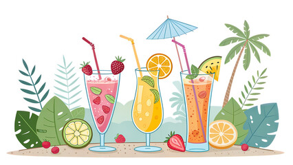 A vibrant banner featuring colorful tropical drinks in tall glasses with fruit garnishes, transparent background