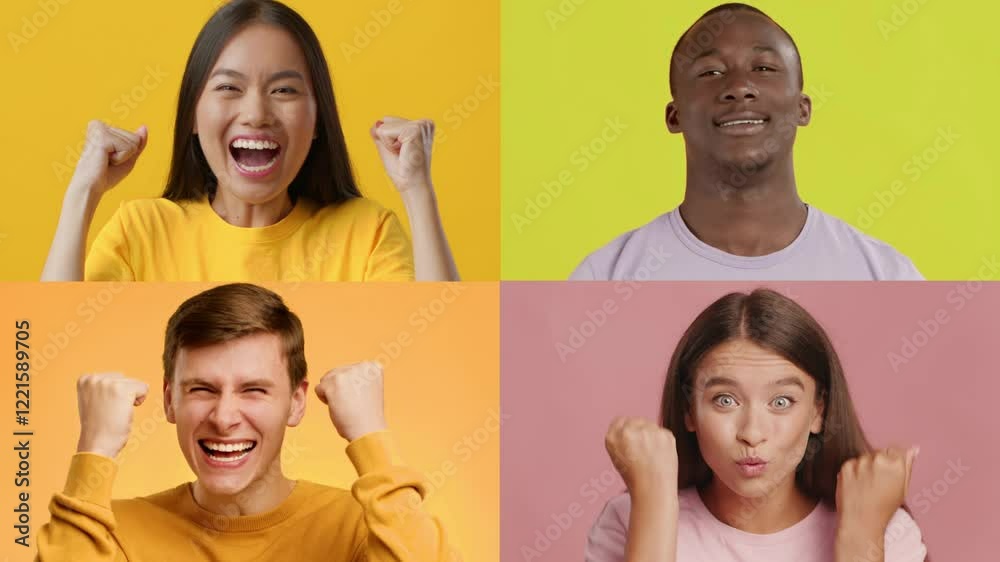Poster A lively collage of four diverse individuals showcasing a range of positive emotions. Each person displays joy in distinct colors, emphasizing happiness and connection.