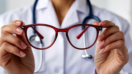 A healthcare professional showcases fashionable red eyeglasses during an eye exam consultation. The setting is a modern clinic with a stethoscope visible.