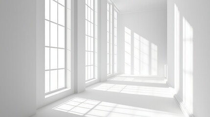 Obraz premium Sunlit empty white room with large windows.