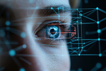 Close-up of a Futuristic Eye with Digital Interface Overlay: Exploring the Intersection of Human Vision and Technology