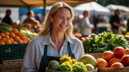 Fresh Farmers Market Vibes: Vibrant Woman Smiling Amidst Fresh Produce - Perfect for Lifestyle and Organic Themes