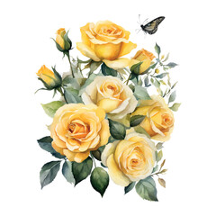 Watercolor bouquet yellow roses flowers, symbol of love, wedding, purity, vector illustration.