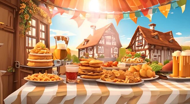 Beed and snacks outdoors at oktoberfest cartoon animation Traditional german treats at feast video 2D motion graphic Country restaurant service animated backdrop on landscape background 4K