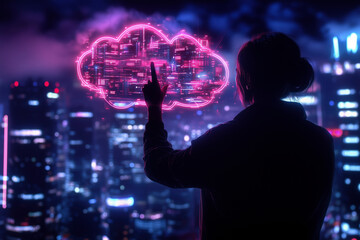 Woman Interacting with Futuristic Cloud Computing Interface over a Vibrant Cityscape at Night
