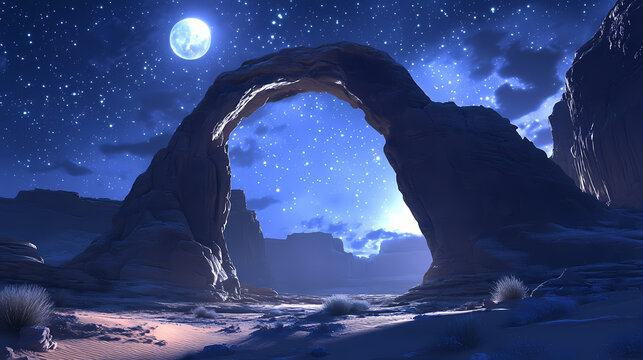 Stunning moonlit arch in desert landscape with majestic celestial backdrop and starry night sky. Luminous Arch. Illustration
