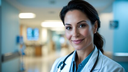 "Smiling Female Doctor in Medical Setting"