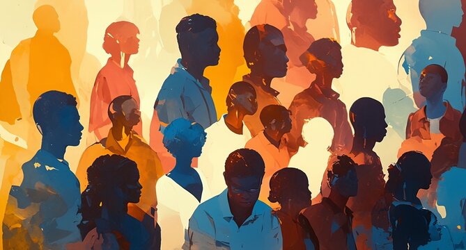 painting depicting diverse people of different skin tones standing together in unity, with a gradient background of red, blue, and yellow, symbolizing Black History Month and shared experiences across