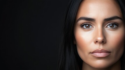 Close-Up Portrait of a Woman with Dark Hair and Natural Makeup Against a Soft Black Background