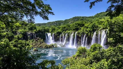 Obraz premium Lush Waterfall, Green Valley, Summer Day, Scenic View, Travel Poster